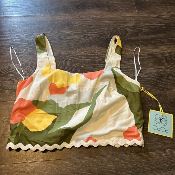 NWT CeCe Women Sleeveless Multicolor Print Small Cropped Top Shirt Straps White - Picture 1 of 7